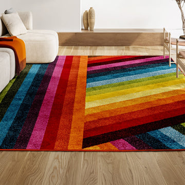 Retro Rainbow Contemporary Stripe Area Rug
